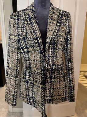 Double-Breasted Tweed Plaid Blazer Jacket - Navy & Cream